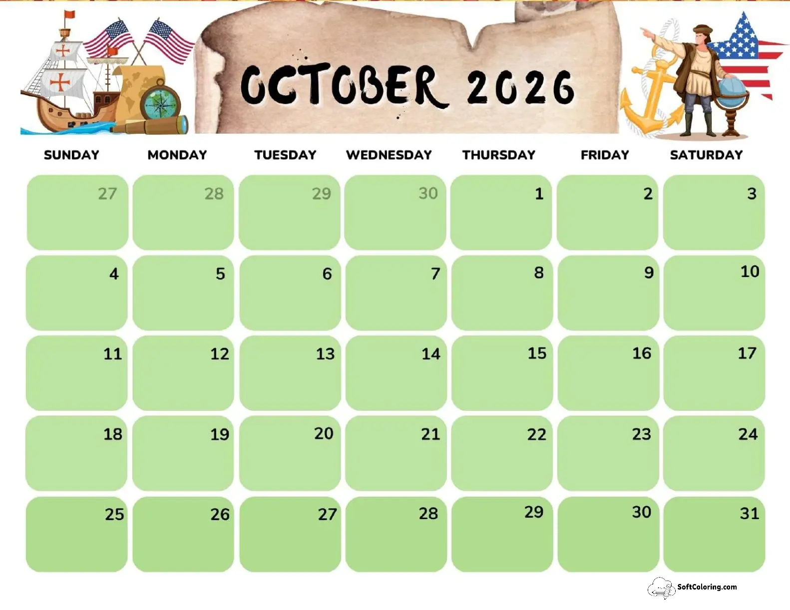 October 2026 Calendar Printable Columbus Day 2 Landscape V3