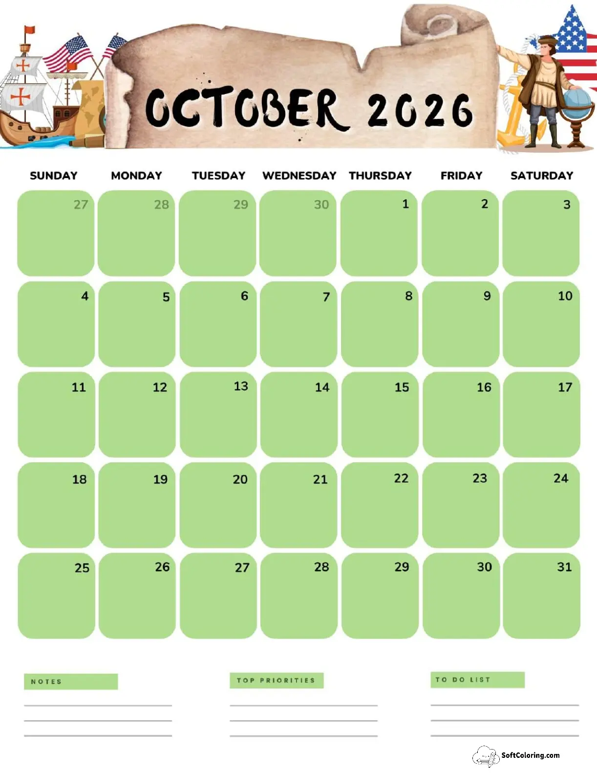 October 2026 Calendar Printable Columbus Day 2 Portrait V2