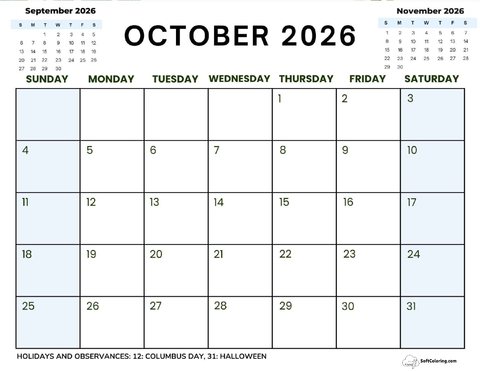 October 2026 Calendar Printable Corporate 2 Landscape V2