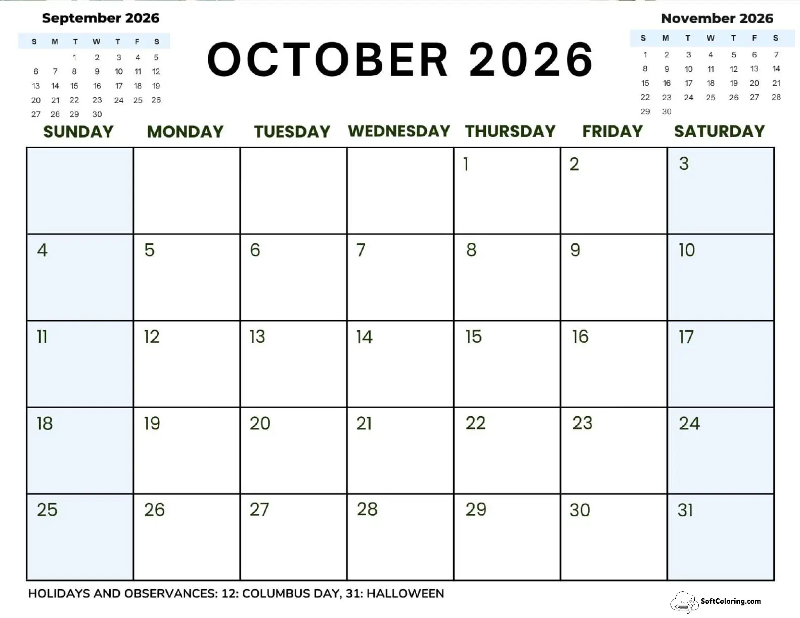 October 2026 Calendar Printable Corporate 2 Landscape V2