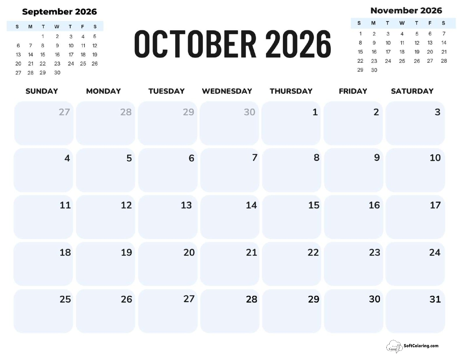 October 2026 Calendar Printable Corporate Landscape V2