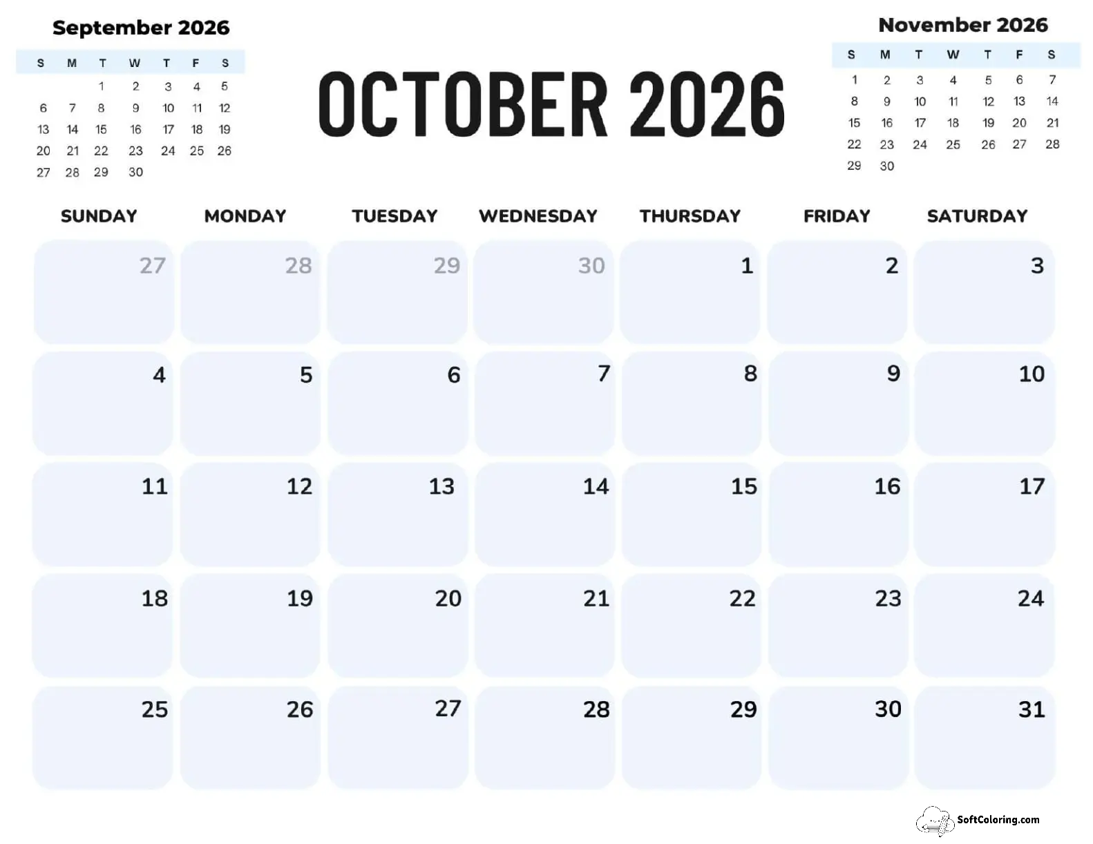 October 2026 Calendar Printable Corporate Landscape V2