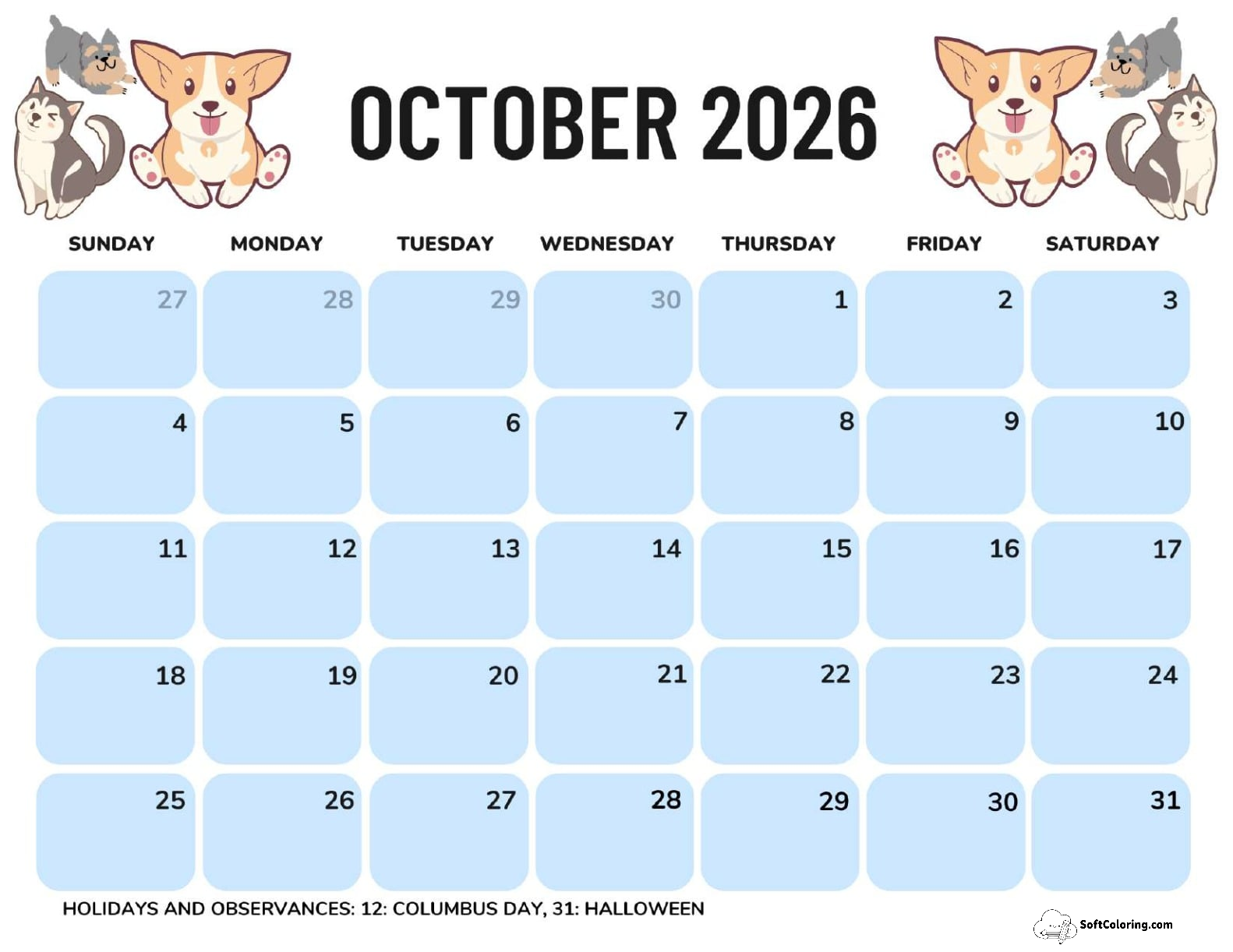 October 2026 Calendar Printable Dogs Landscape V2