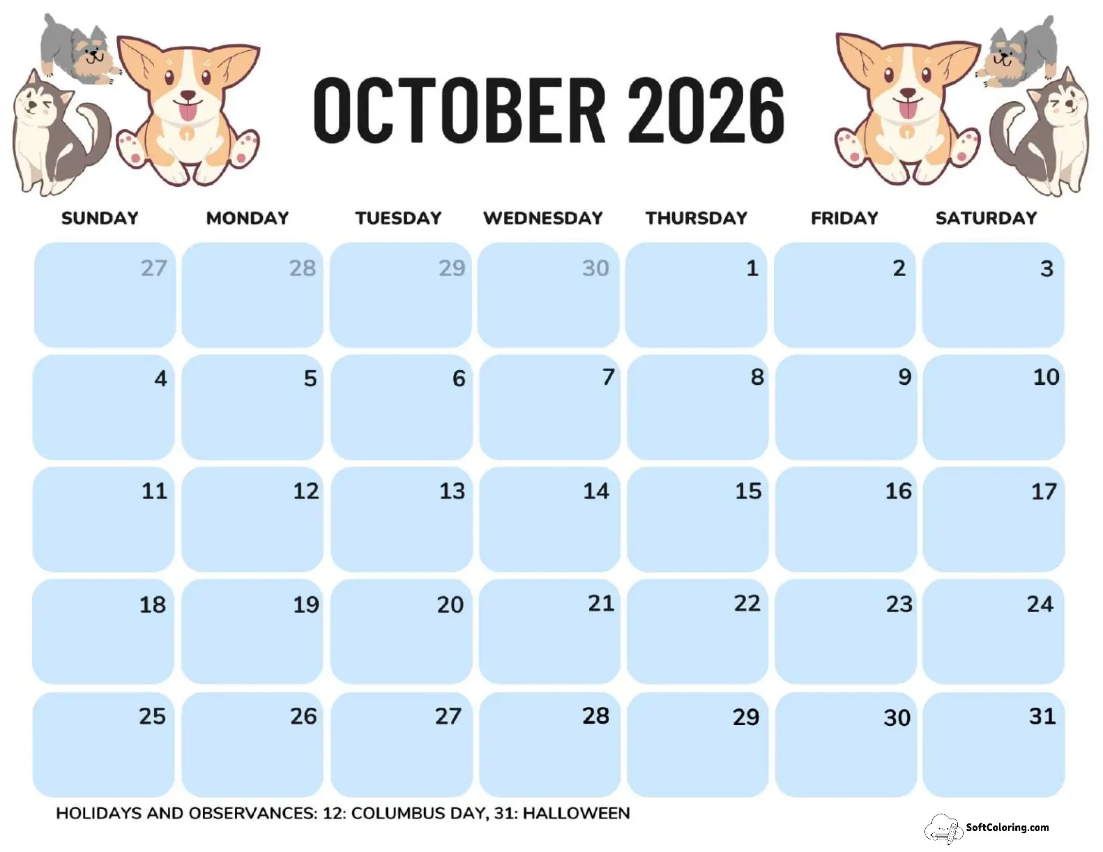October 2026 Calendar Printable Dogs Landscape V2