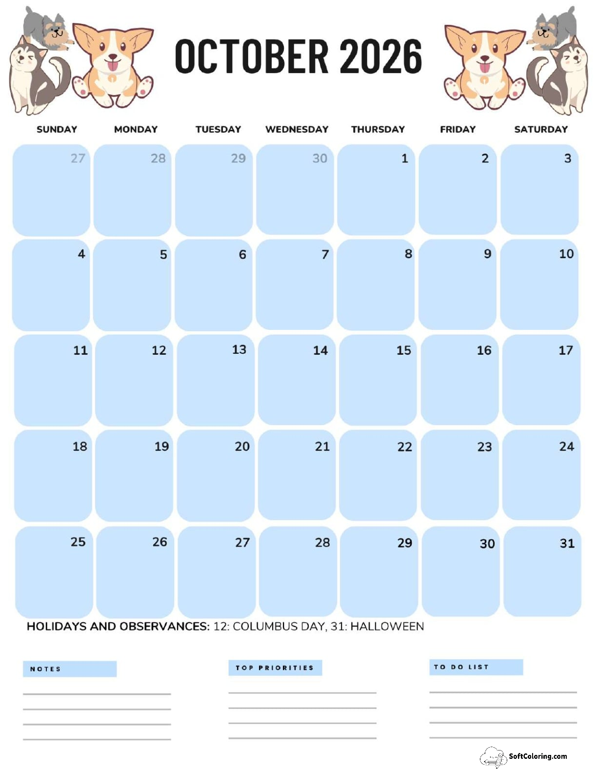 October 2026 Calendar Printable Dogs Portrait V2