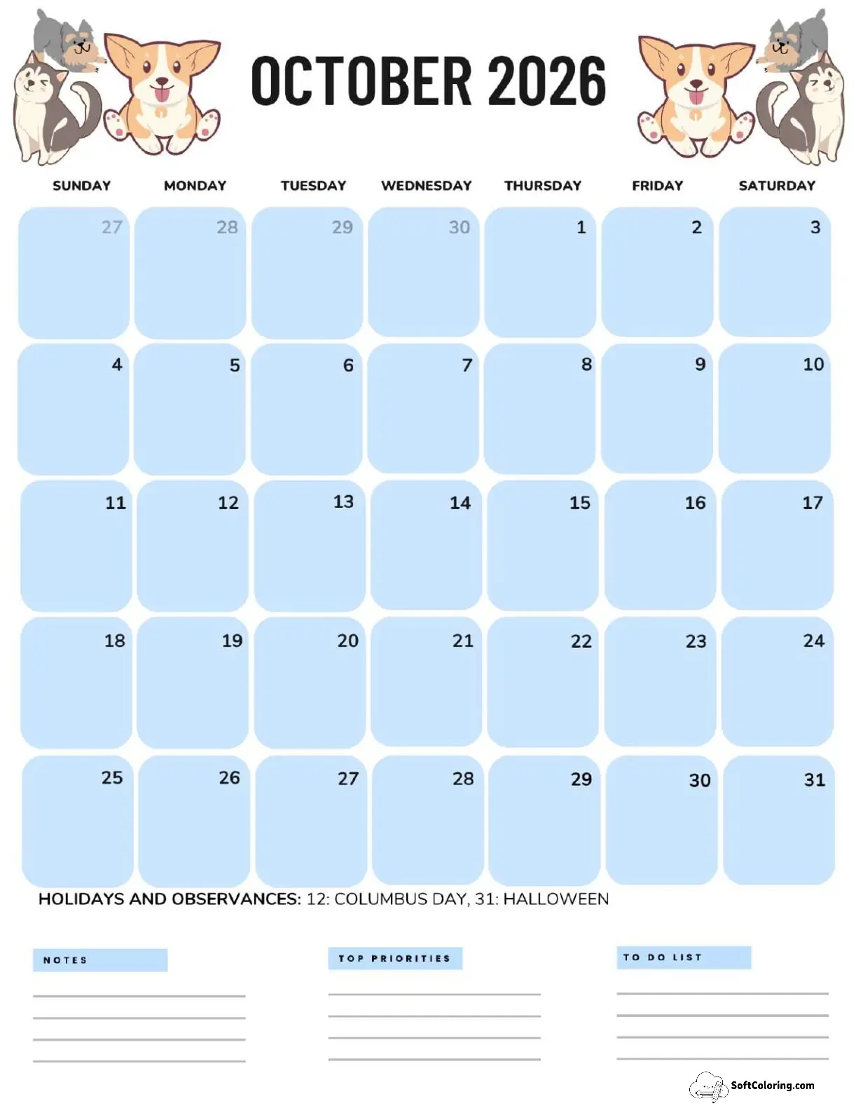 October 2026 Calendar Printable Dogs Portrait V2