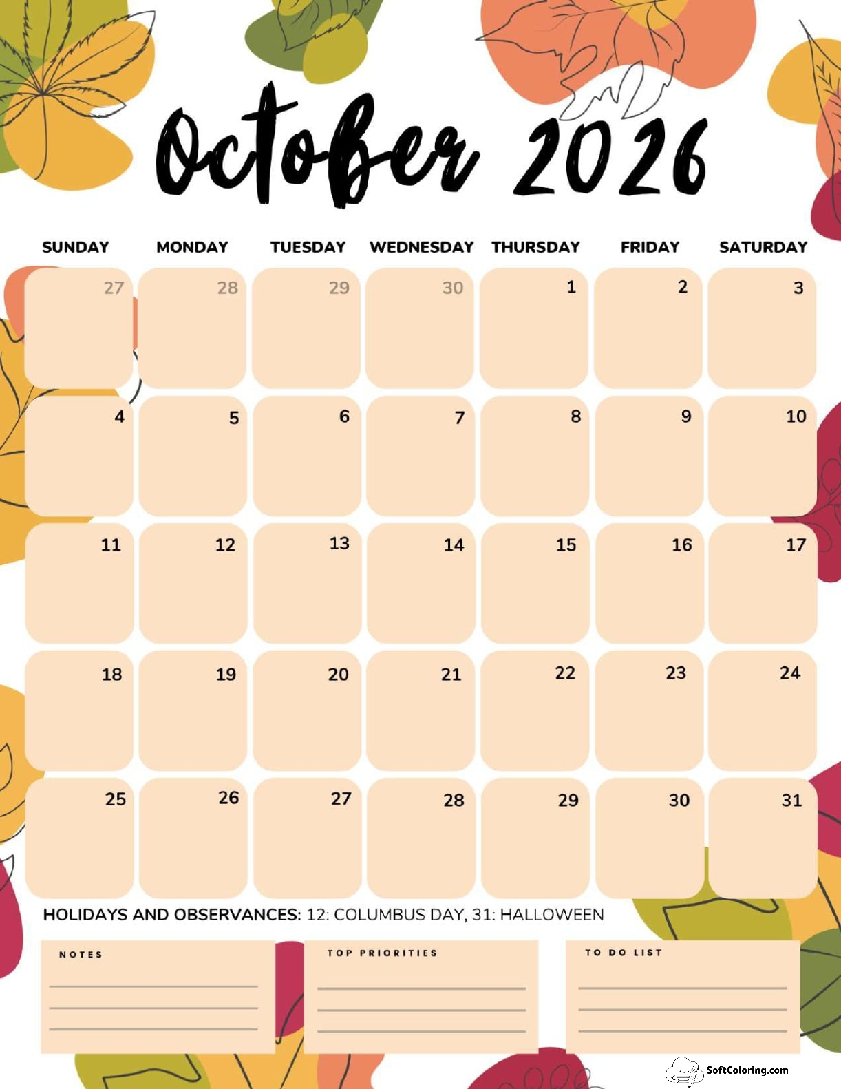 October 2026 Calendar Printable Fall Portrait V2