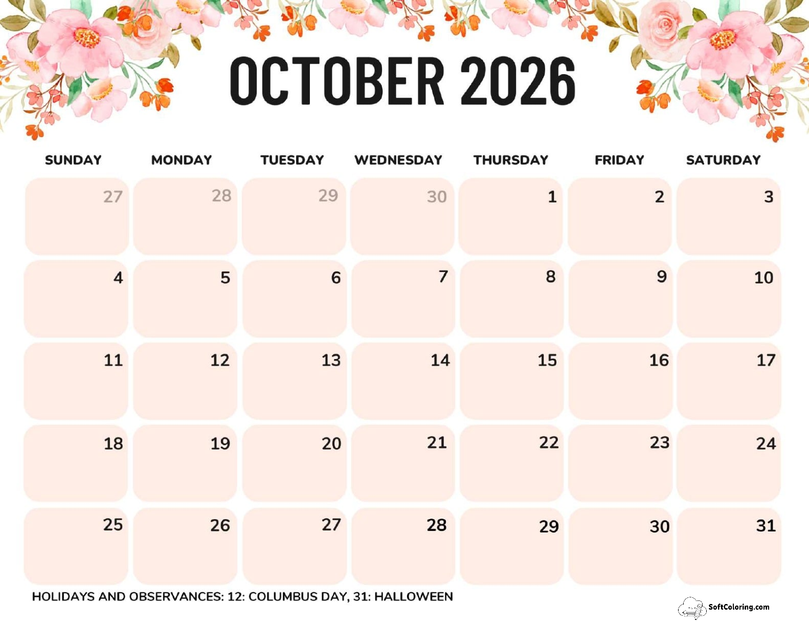 October 2026 Calendar Printable Flowers Landscape V2