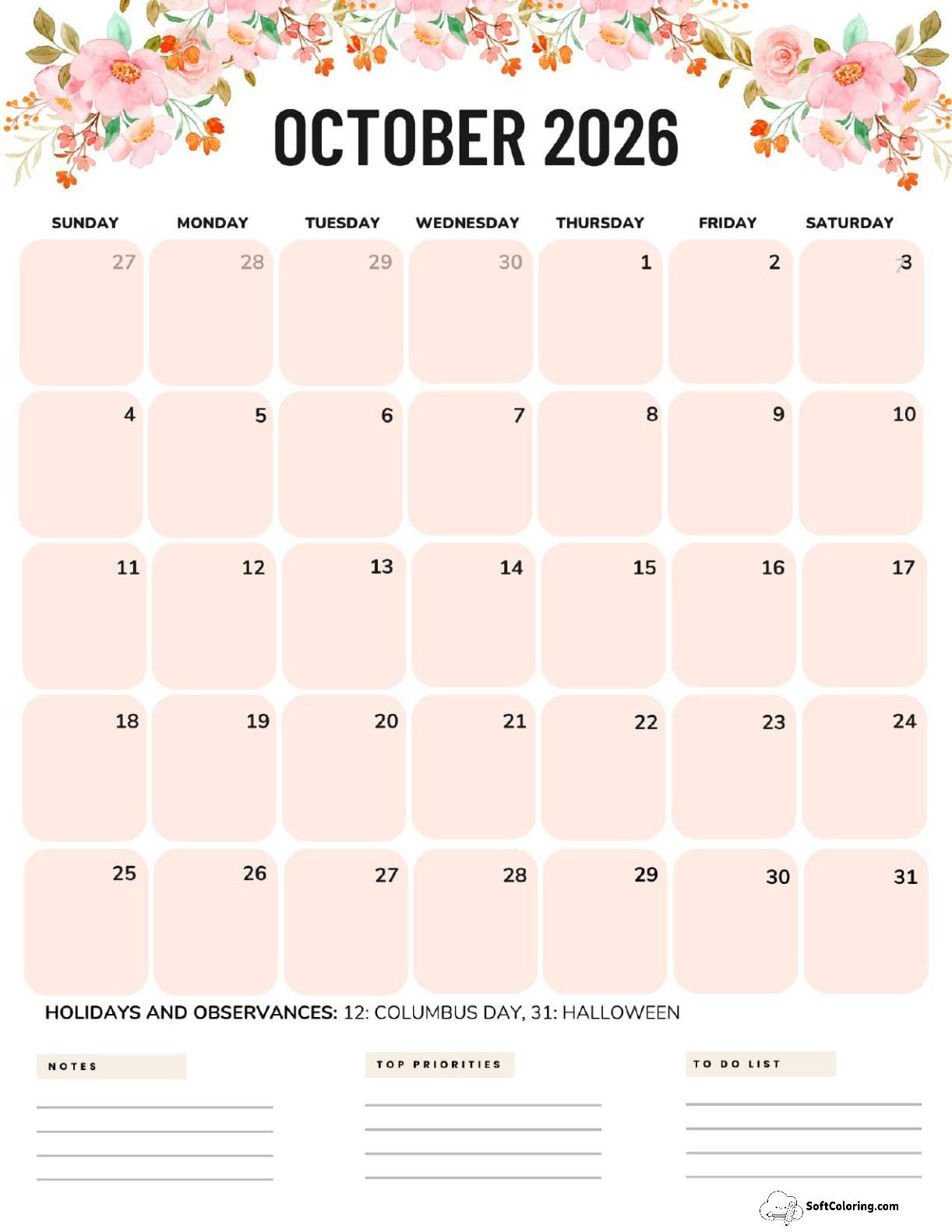 October 2026 Calendar Printable Flowers Portrait V2