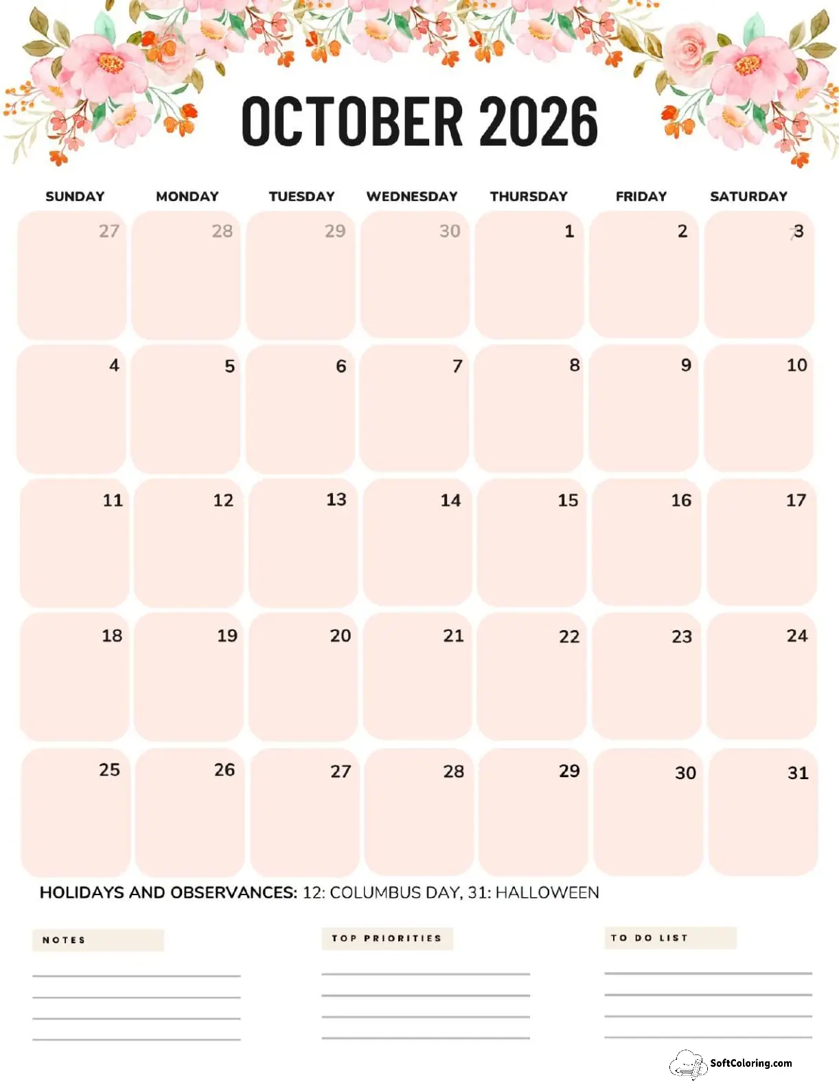 October 2026 Calendar Printable Flowers Portrait V2