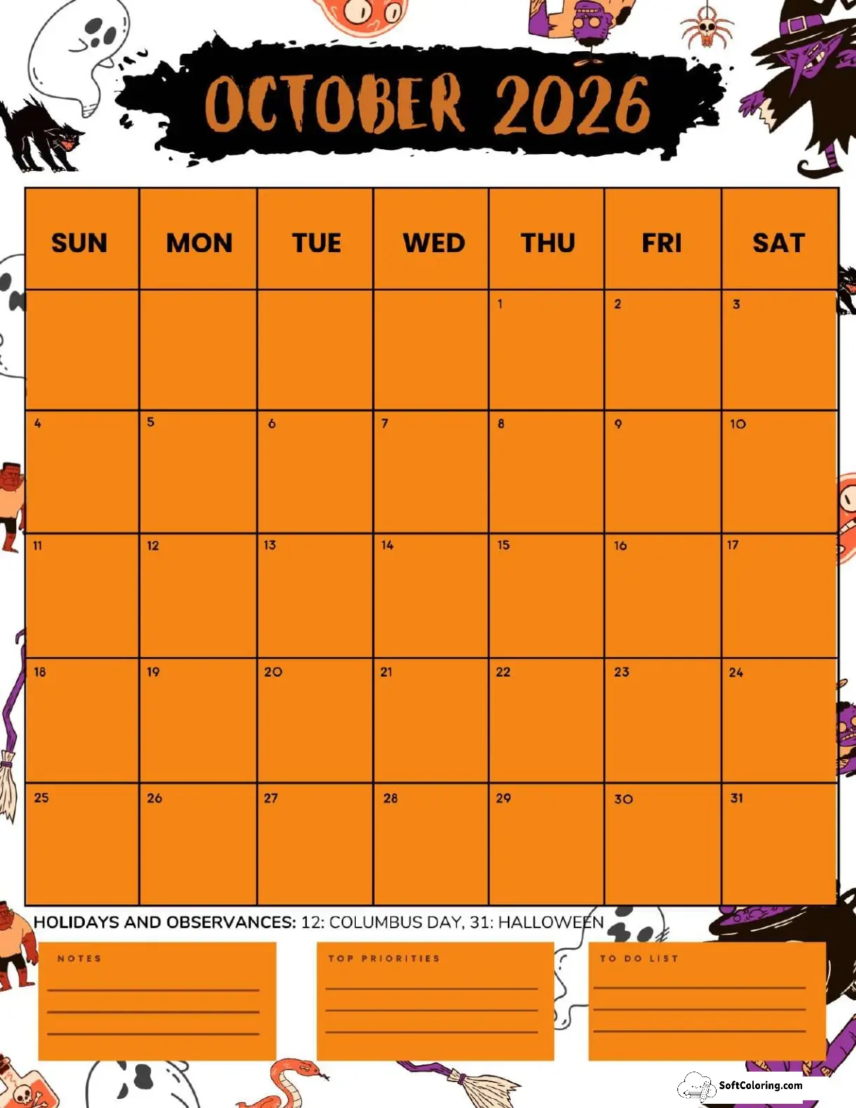 October 2026 Calendar Printable Halloween Portrait V2