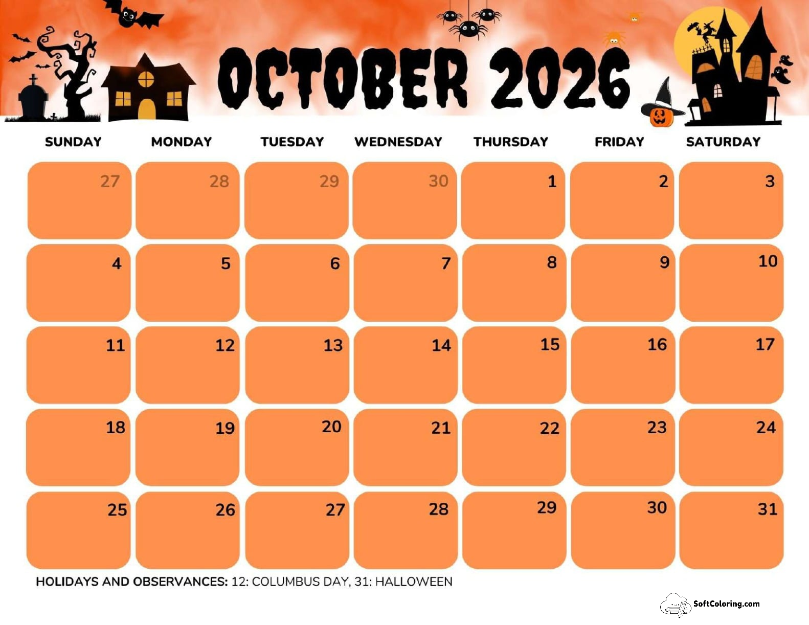 October 2026 Calendar Printable Haunted Landscape V3