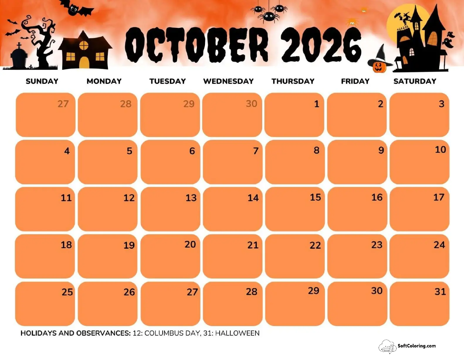 October 2026 Calendar Printable Haunted Landscape V3