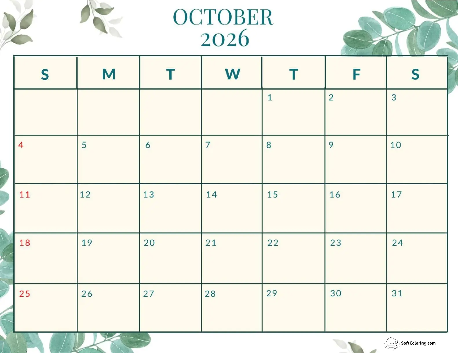 October 2026 Calendar Printable Nature Landscape V2