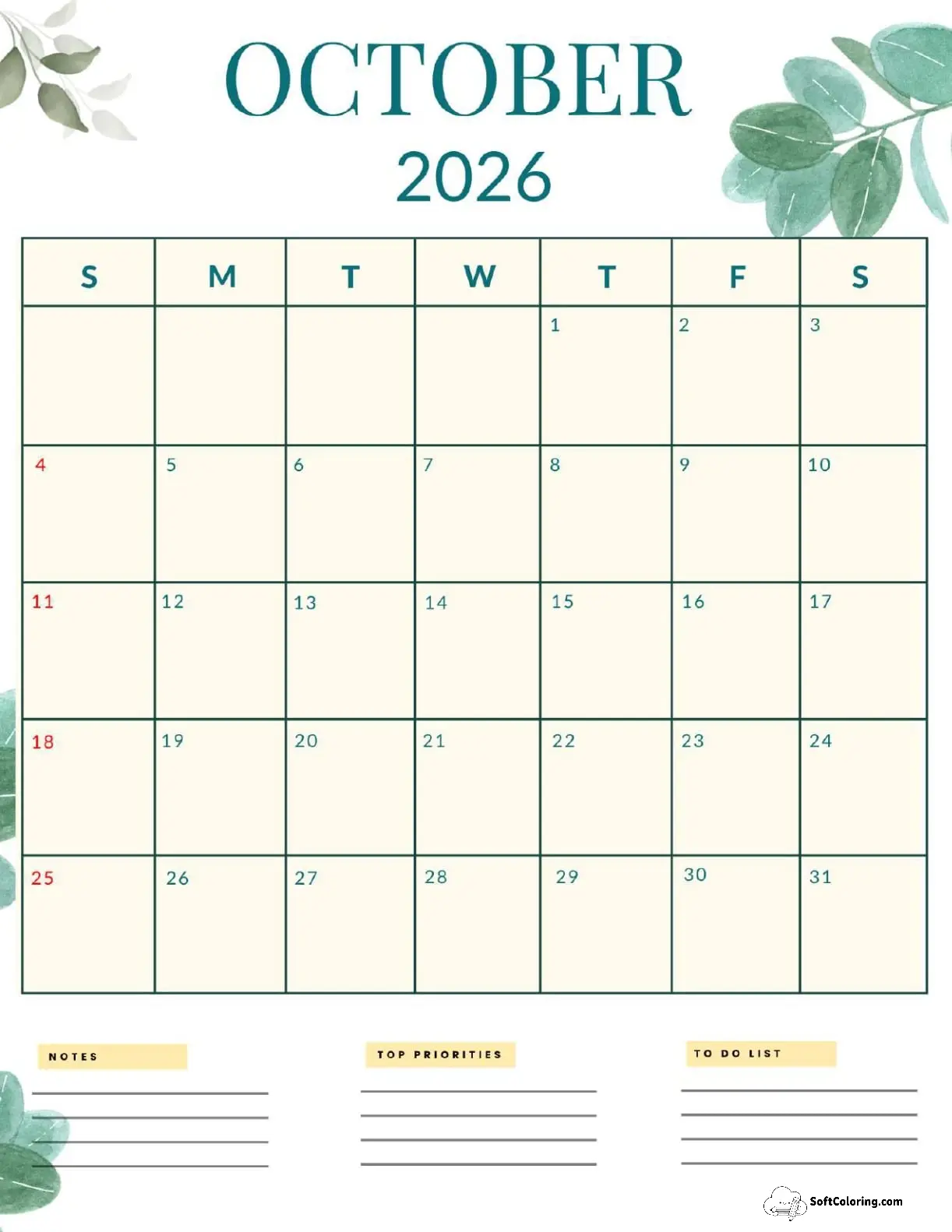 October 2026 Calendar Printable Nature Portrait V2
