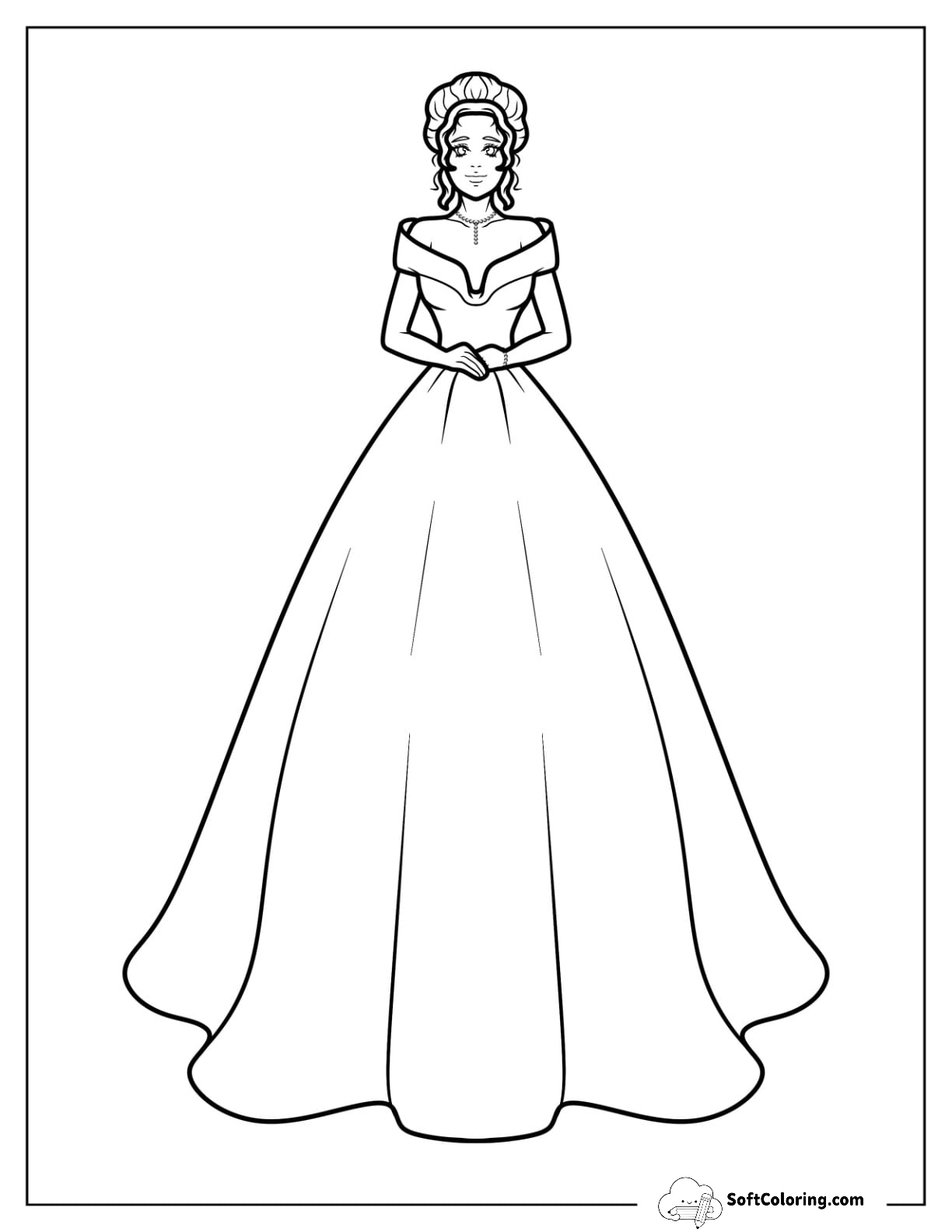Off Shoulder Long Dress Coloring Page For Kids