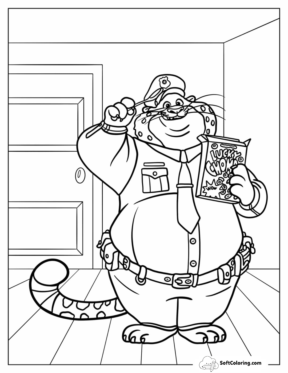 Zootopia Coloring Page Of Officer Clawhauser With Spoon And Cereal Box