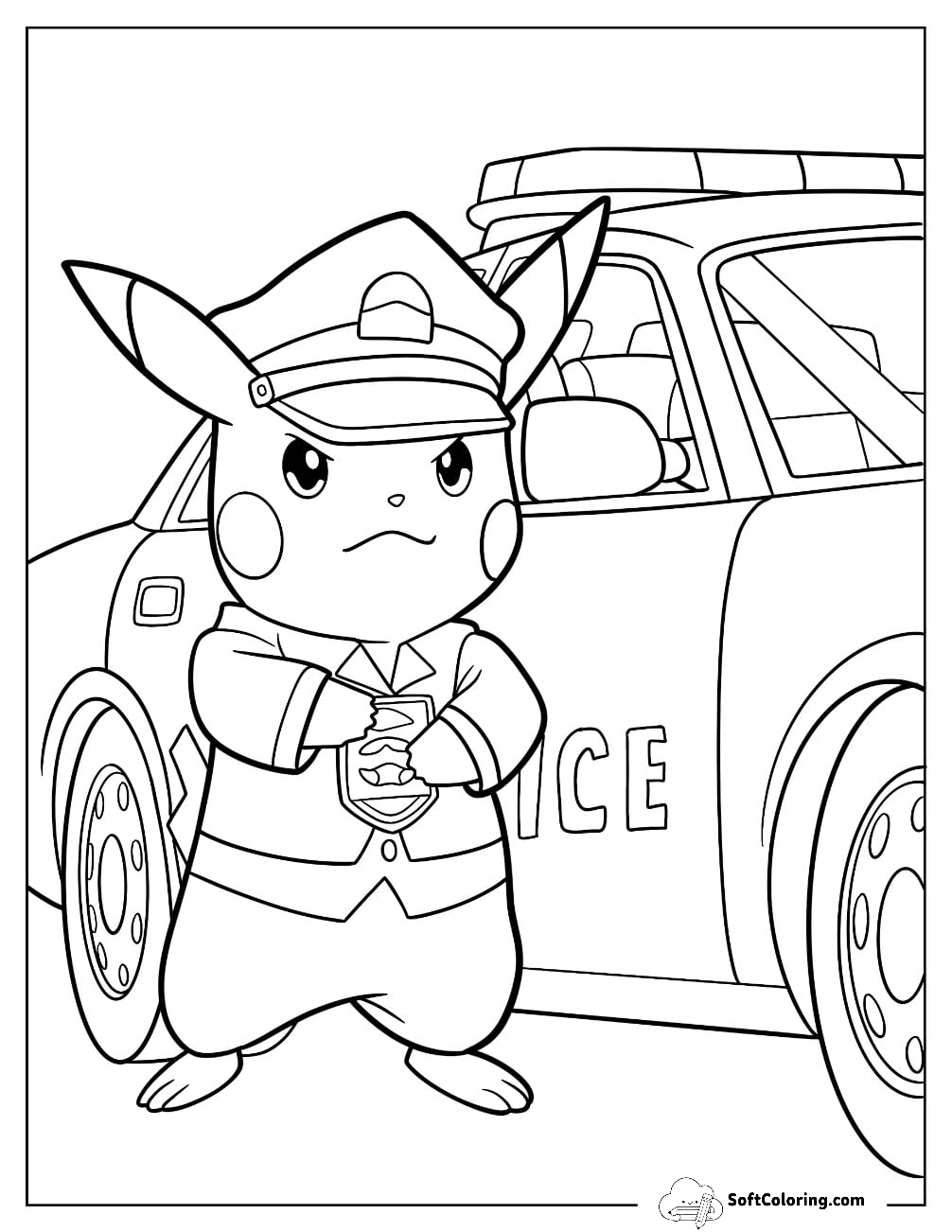Officer Pikachu Outside Police Car Coloring Page For Kids