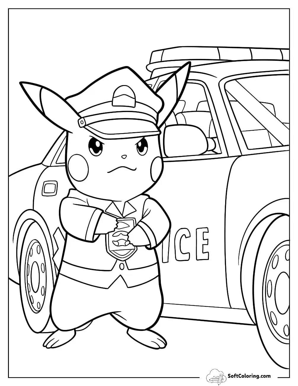 Officer Pikachu Outside Police Car Coloring Page For Kids