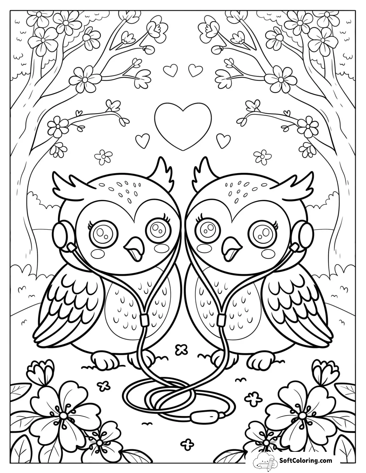Owl Coloring Page Couple Listening To Music Together