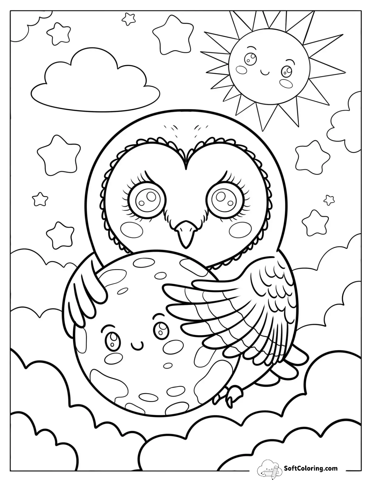 Owl Coloring Page Hugging Mother Earth In The Night Sky