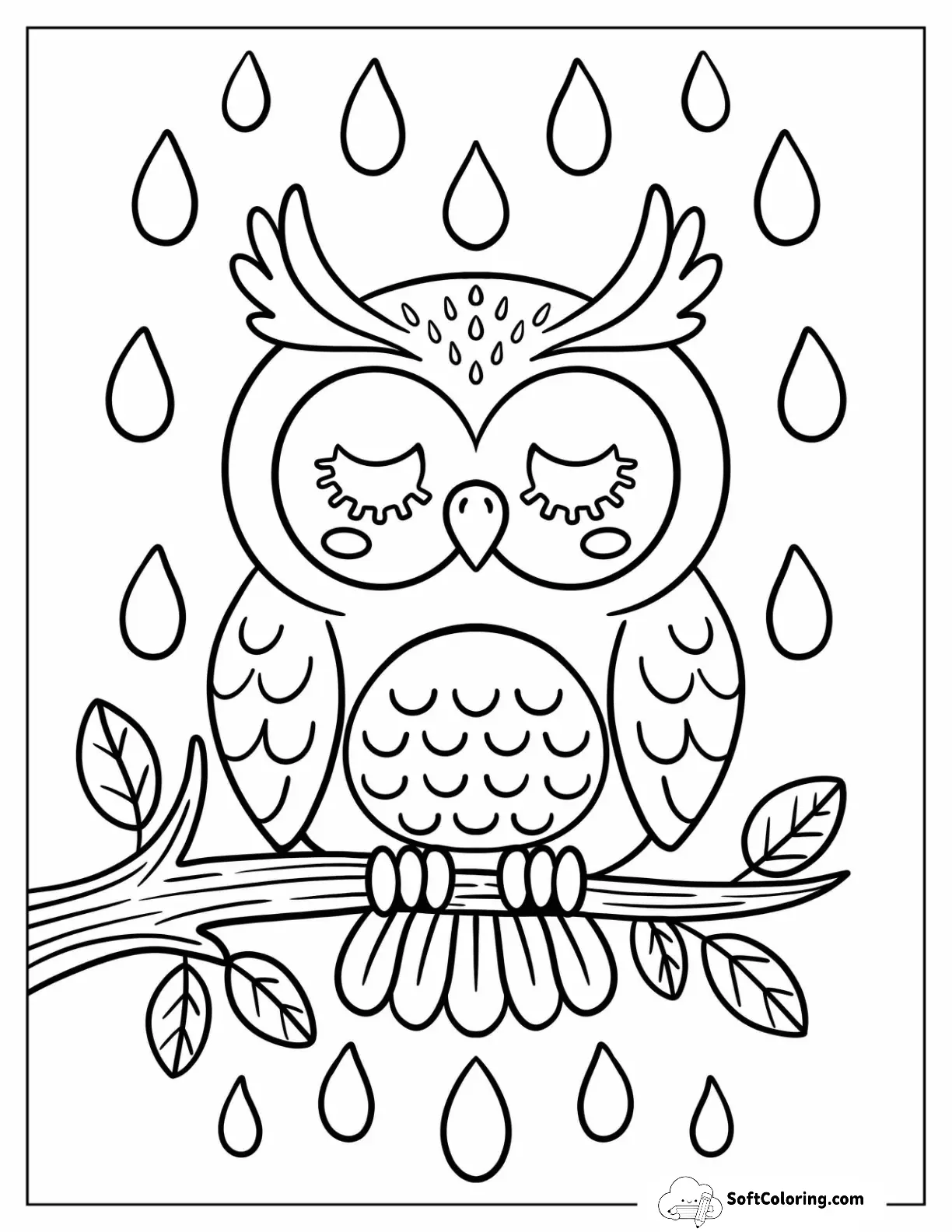 Owl Sitting On Tree Branch With Closed Eyes While Rain
