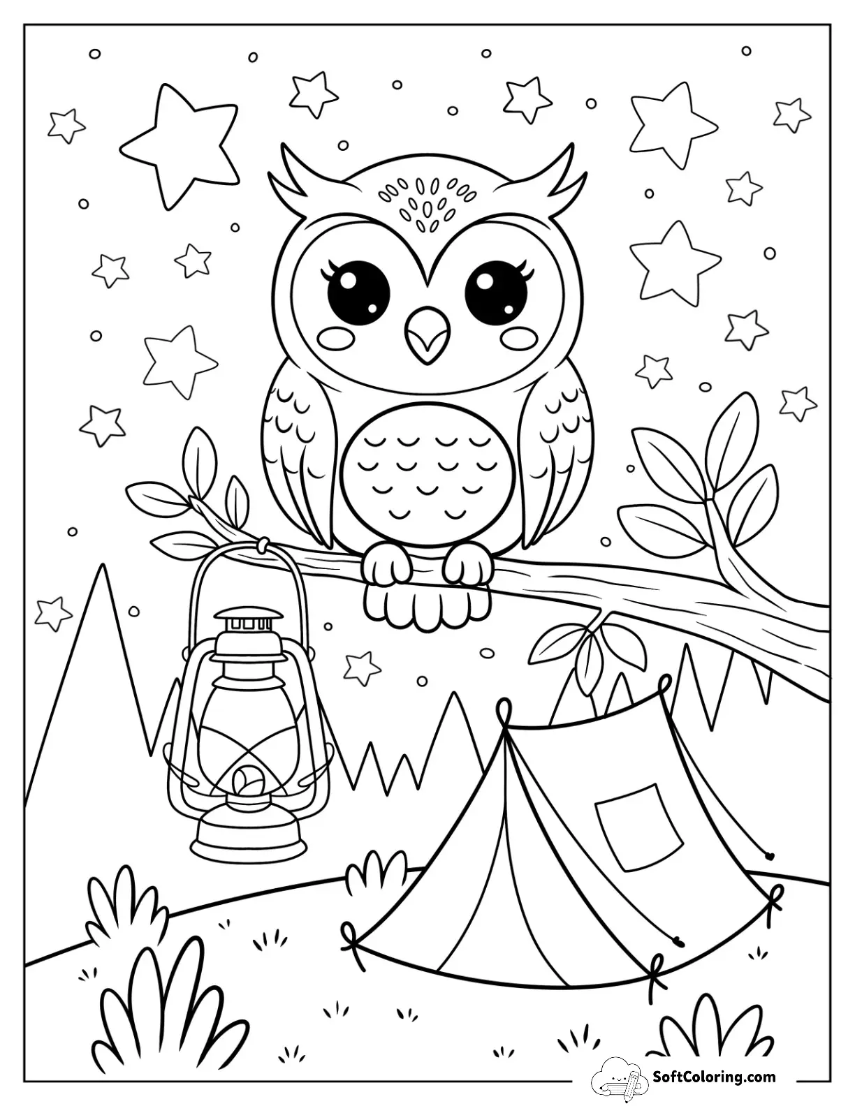 Owl Watching Over Tent Under Starry Night Sky For Kids