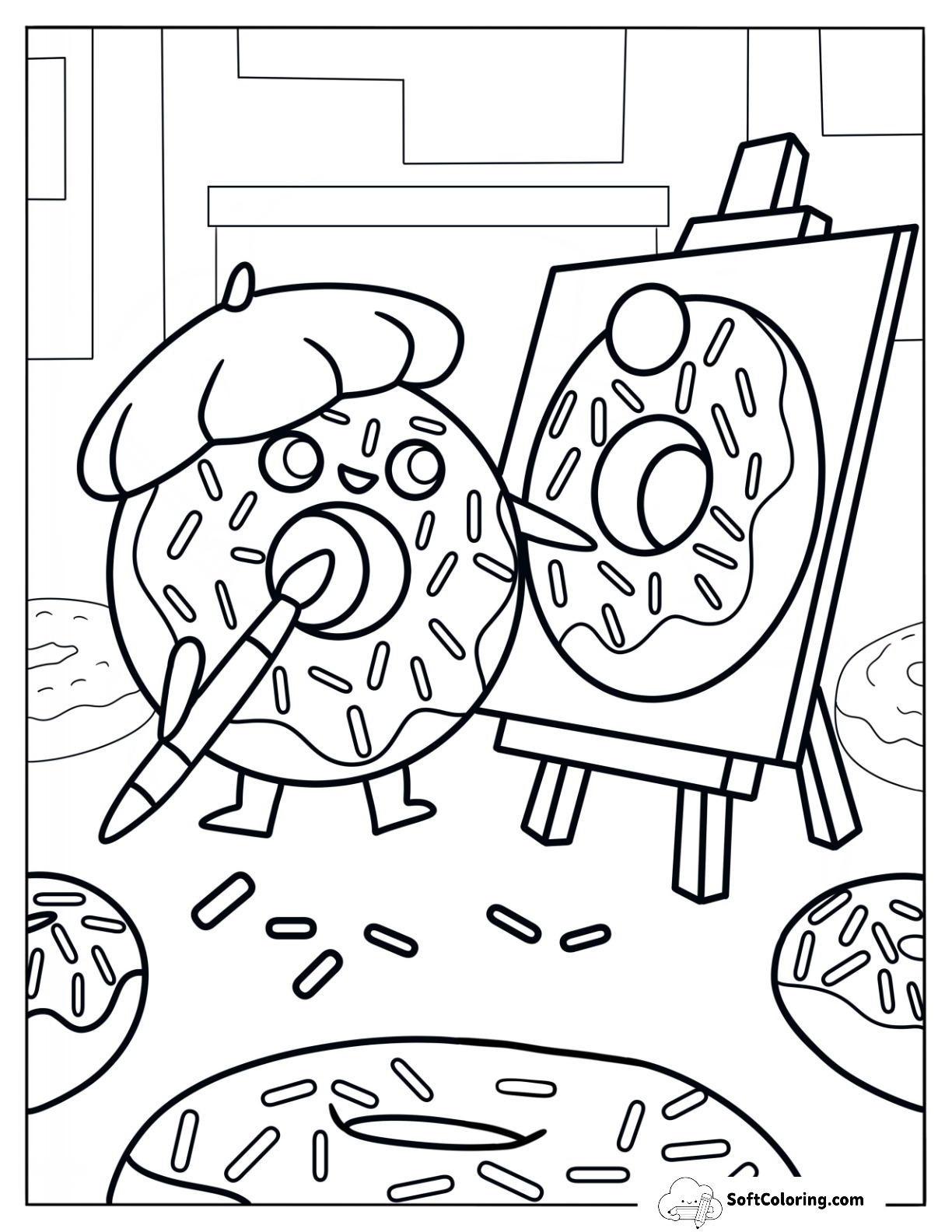 Painter Donut Coloring Page Sketching A Donut