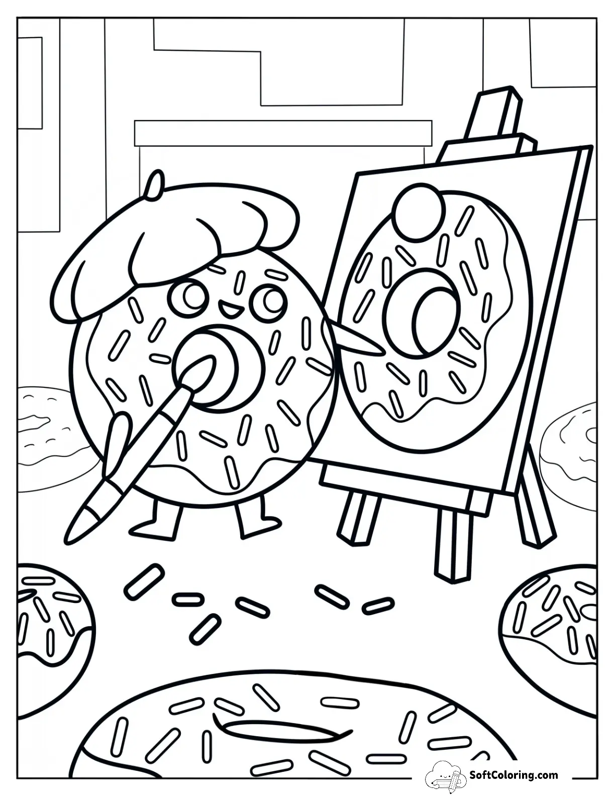 Painter Donut Coloring Page Sketching A Donut