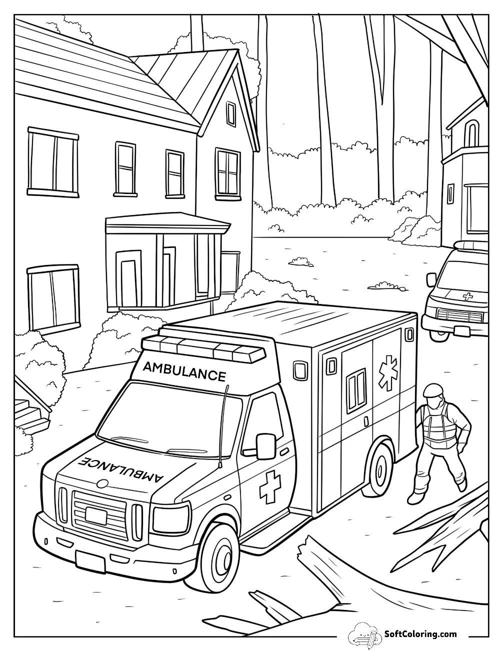 Paramedic Standing Beside An Ambulance At A Rural Home