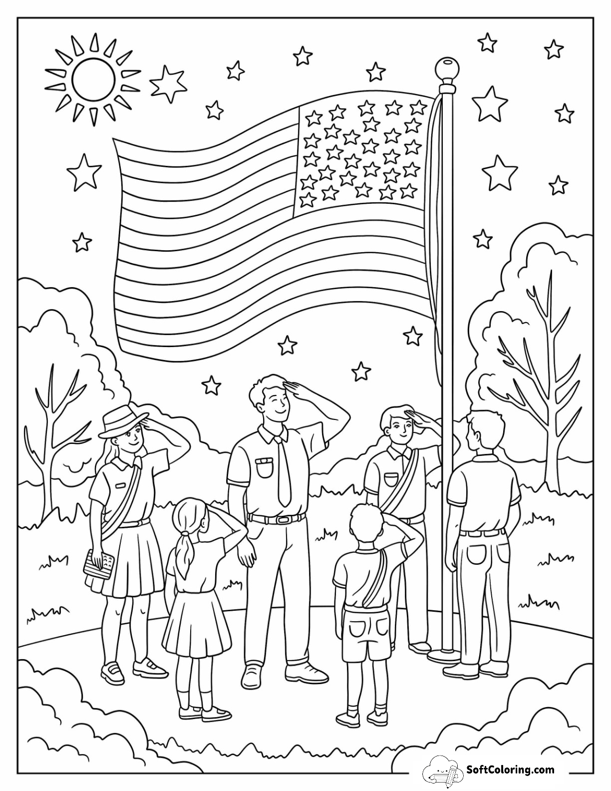 Patriotic Flag Raising Ceremony With Kids And Adults On 4Th Of July
