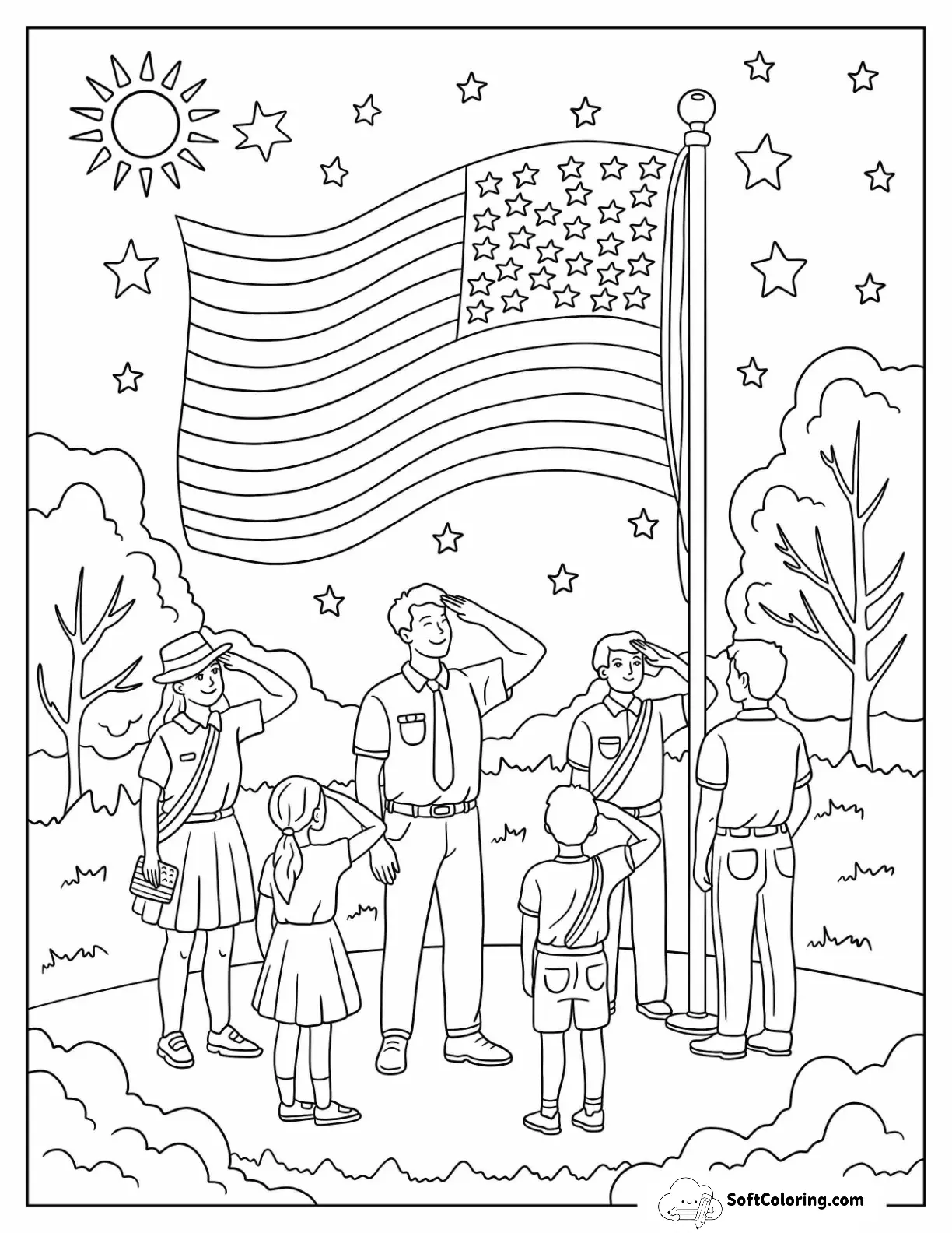 Patriotic Flag Raising Ceremony With Kids And Adults On 4Th Of July