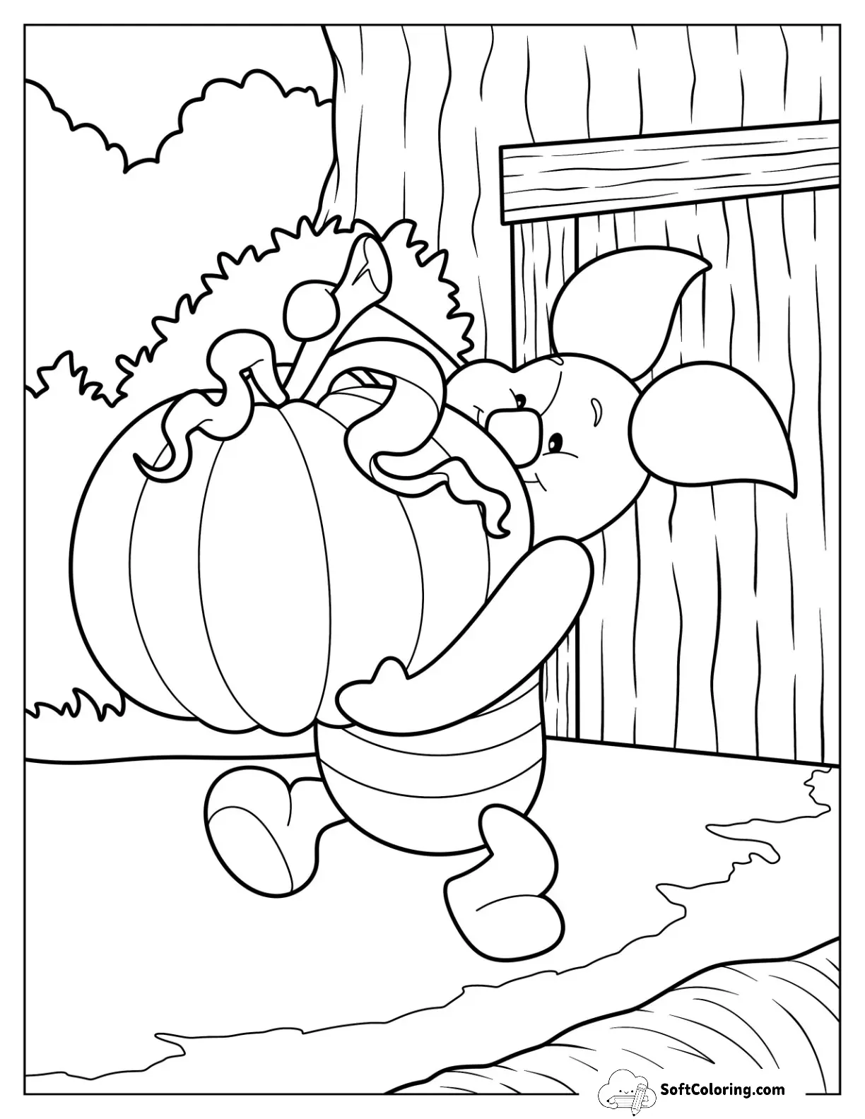 Piglet Carrying A Large Pumpkin Coloring Page
