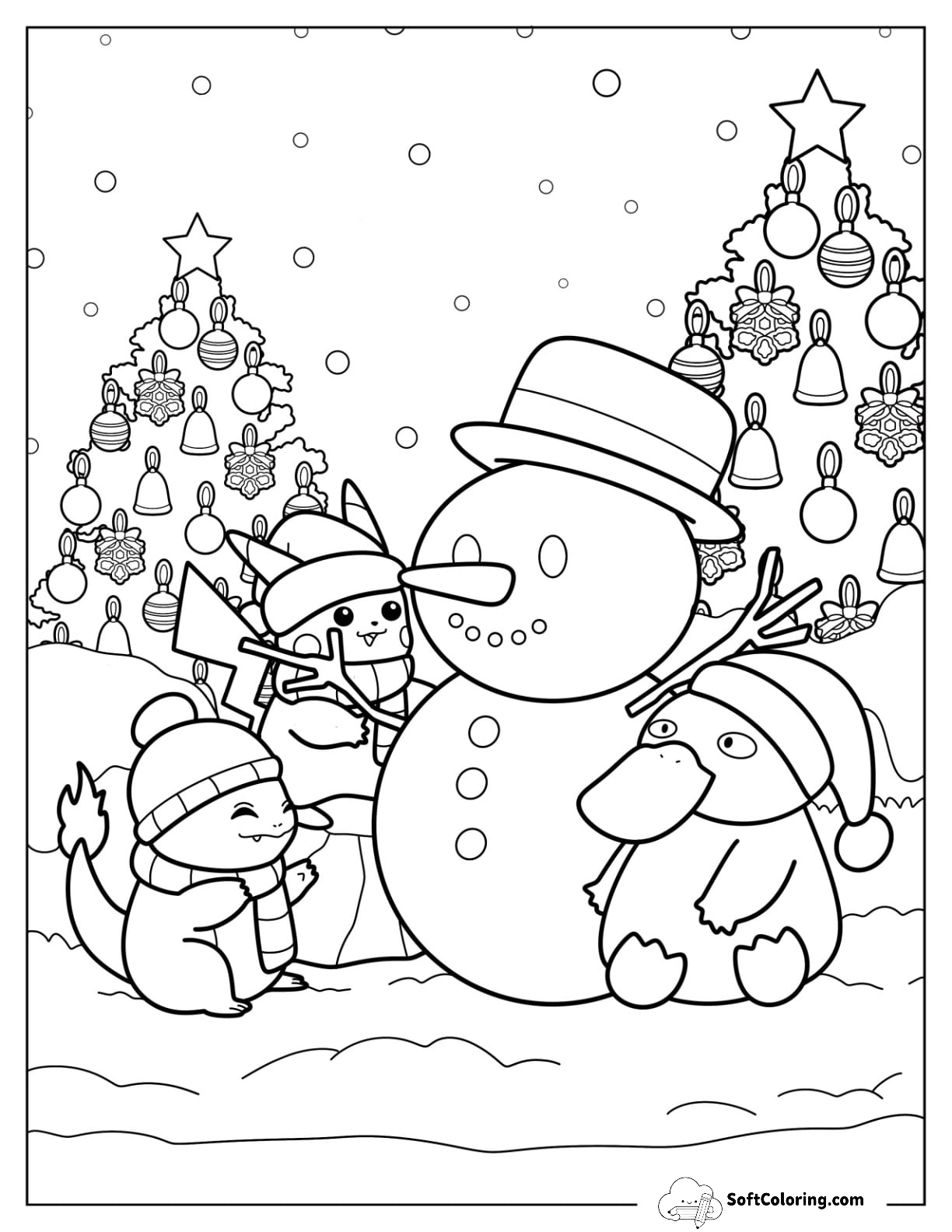 Pikachu, Charmander, And Psyduck Making A Snowman
