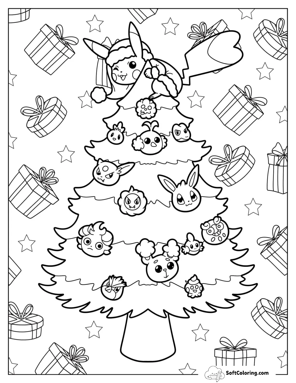 Pikachu On Top Of A Christmas Tree With Pokemon Ornaments