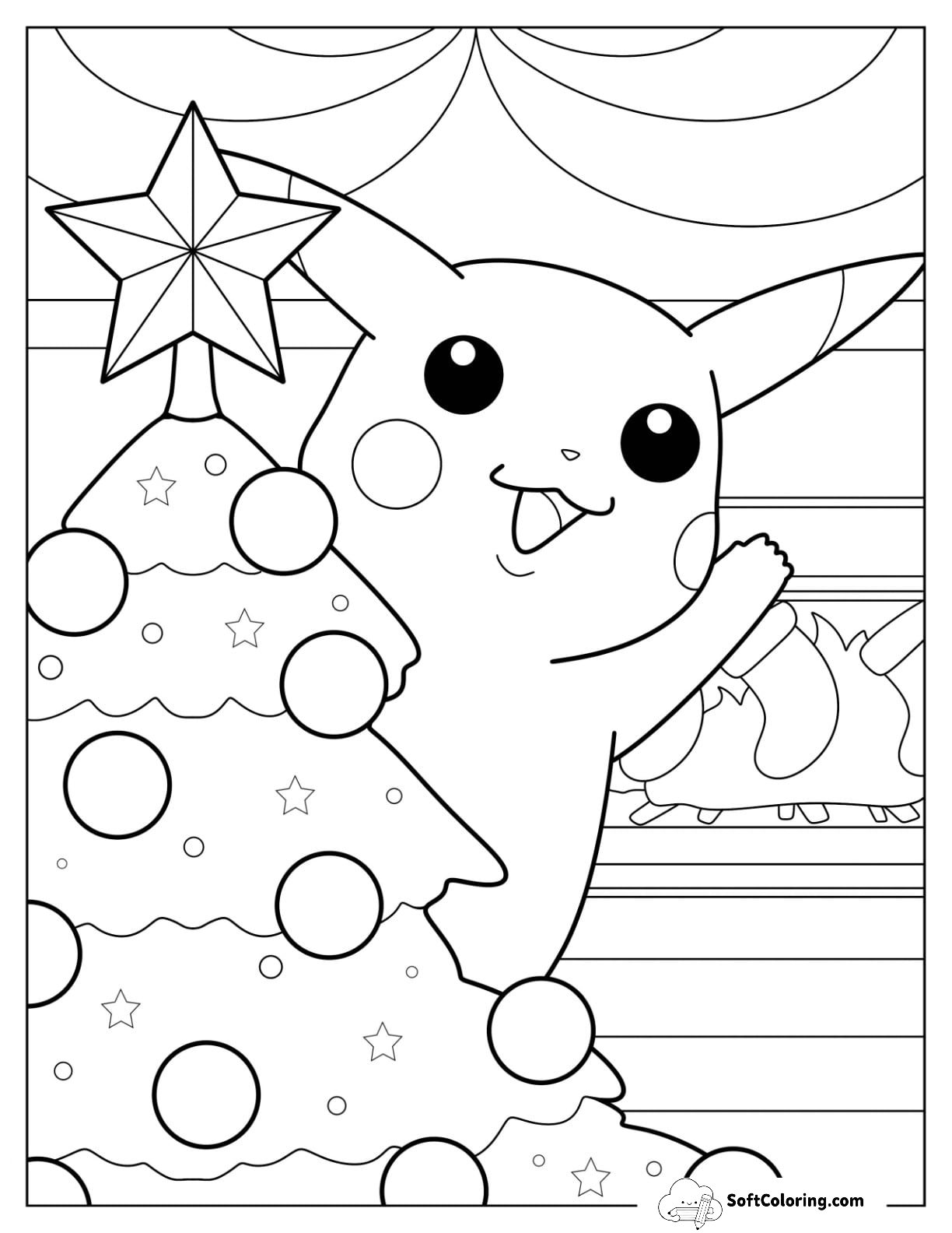 Pikachu Waving From On Top Of A Christmas Tree For Kids