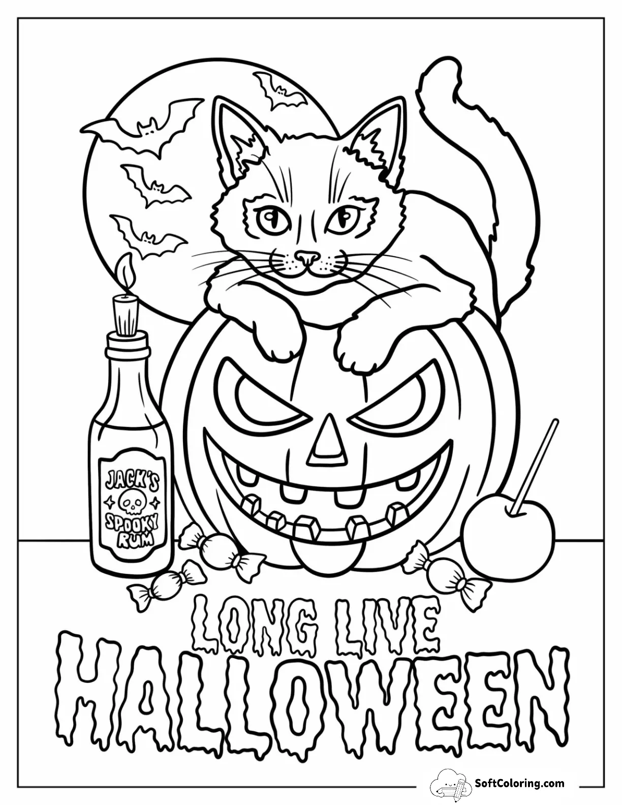 Playful Halloween Cat With Pumpkin, Candy Apple, And Rum Bottle