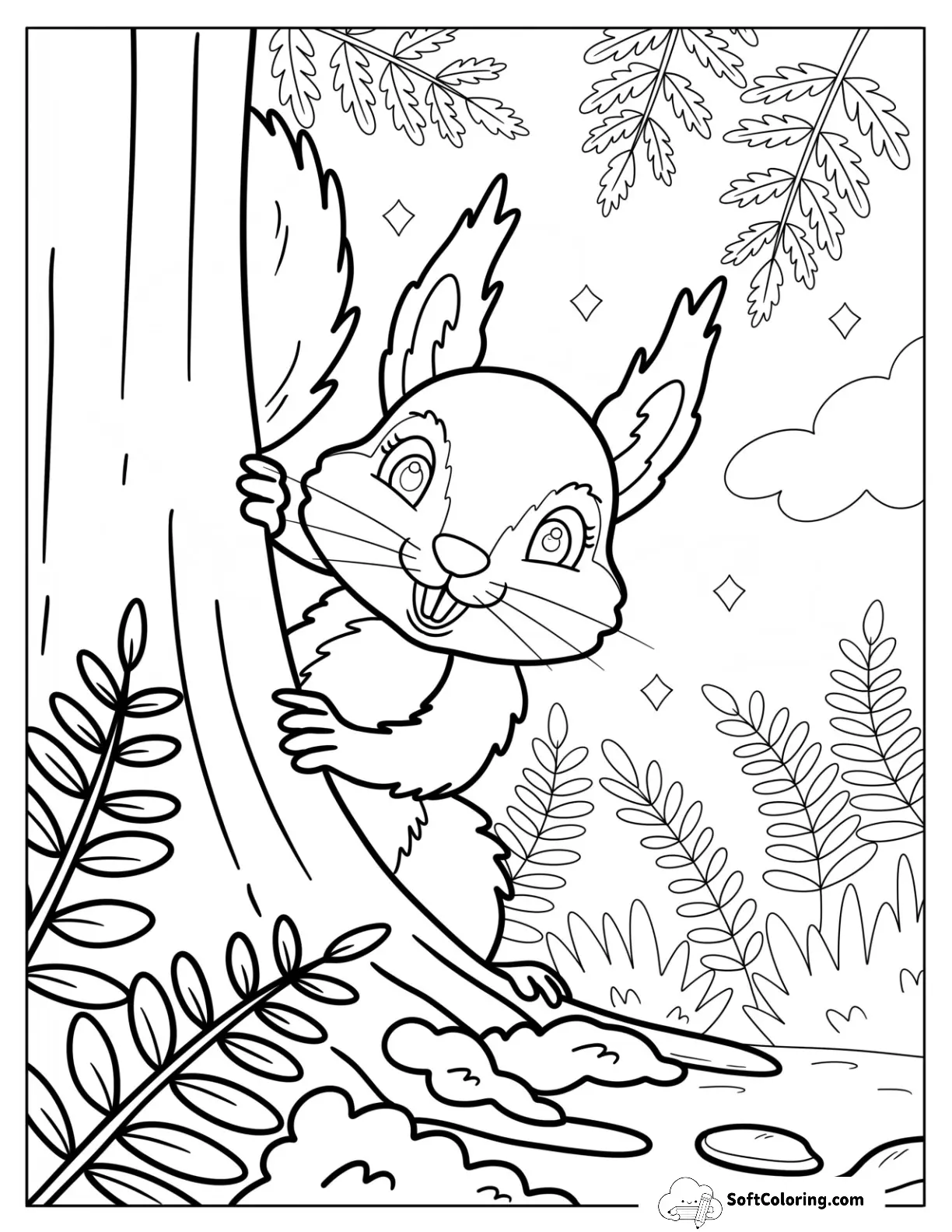Playful Squirrel Peeking From Behind A Tree Coloring