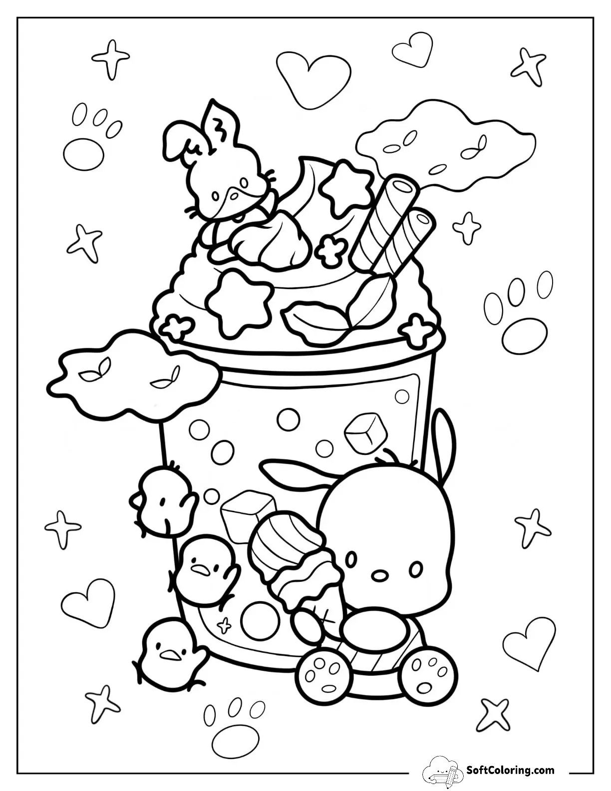 Pochacco Eating Sweets With Choppy On Top Of Boba Tea