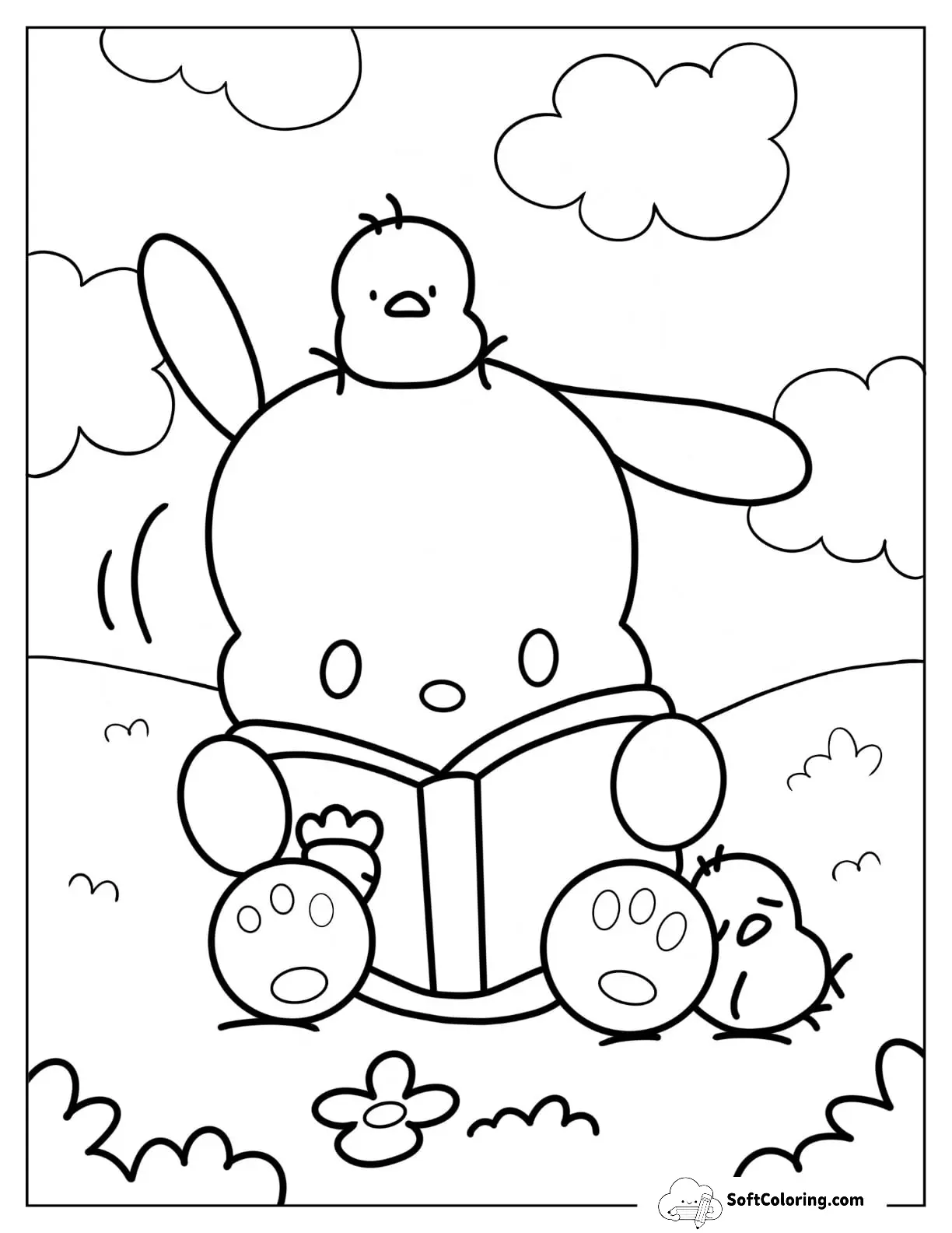 Pochacco Reading Book With Chicks In The Field
