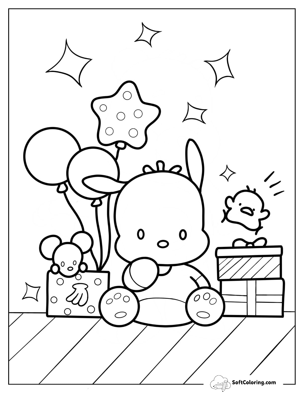 Pochacco Sitting On Floor With Birthday Presents And Balloons