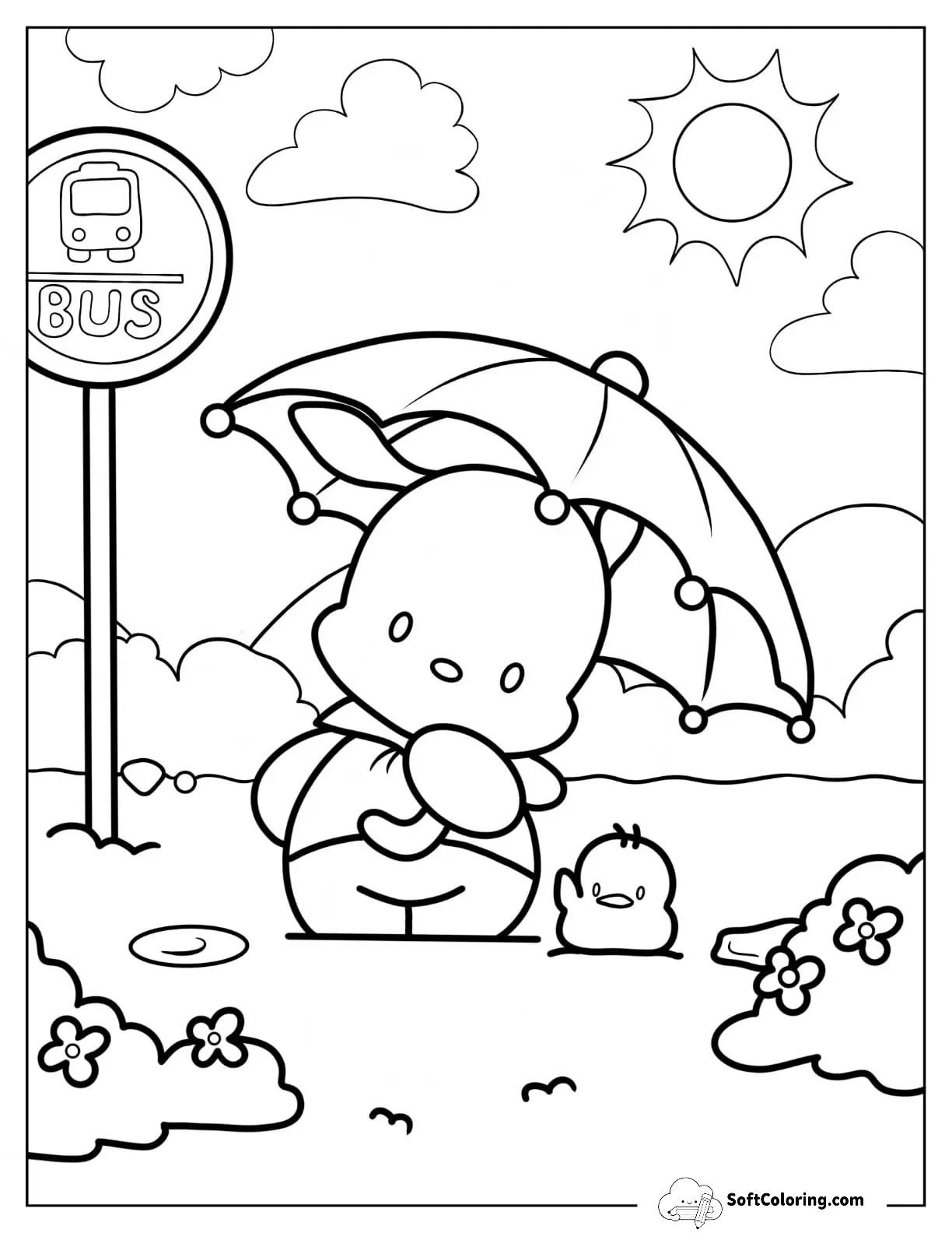 Pochacco Waiting At Bus Stop With Umbrella