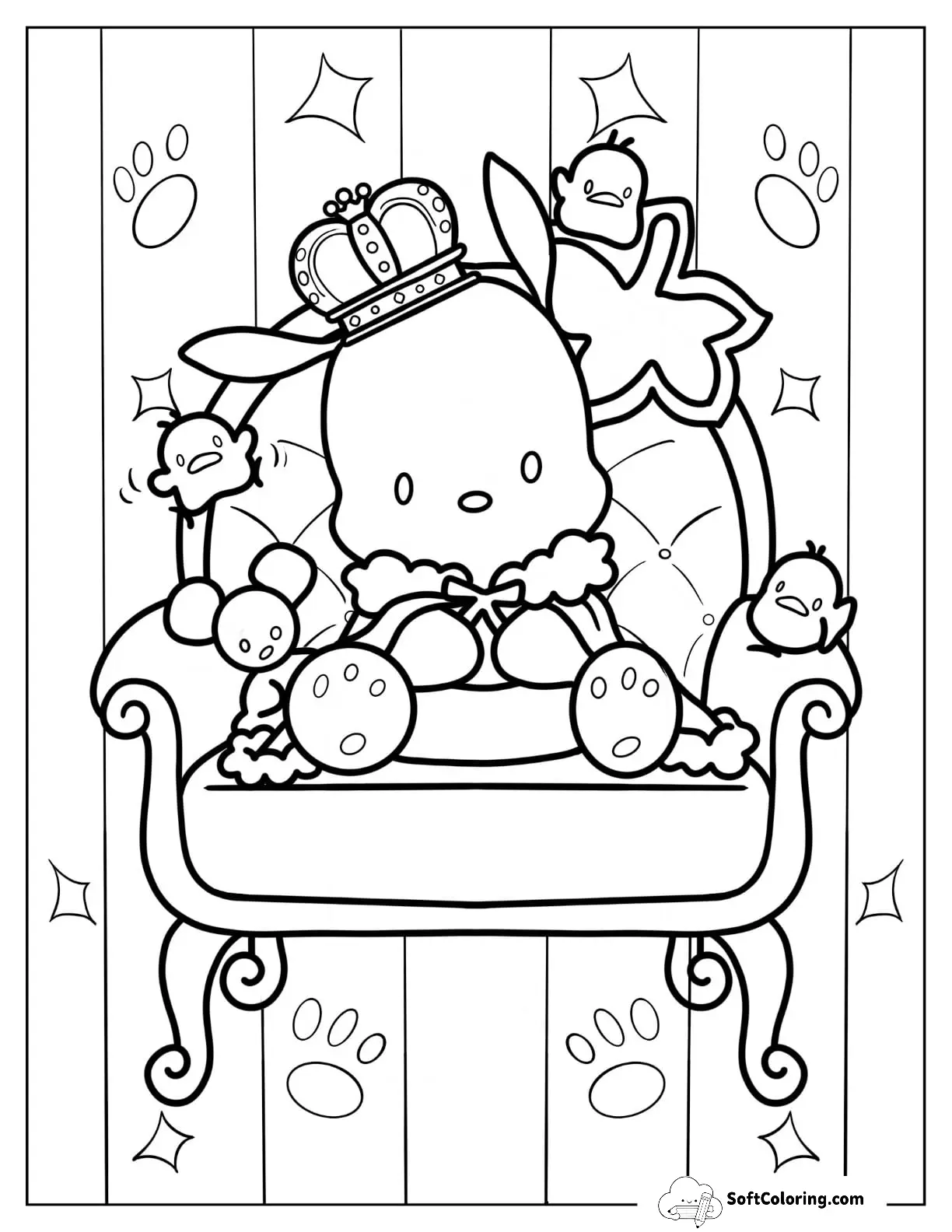 Pochacco Wearing Crown While Sitting On Chair With Choppy And Chicks