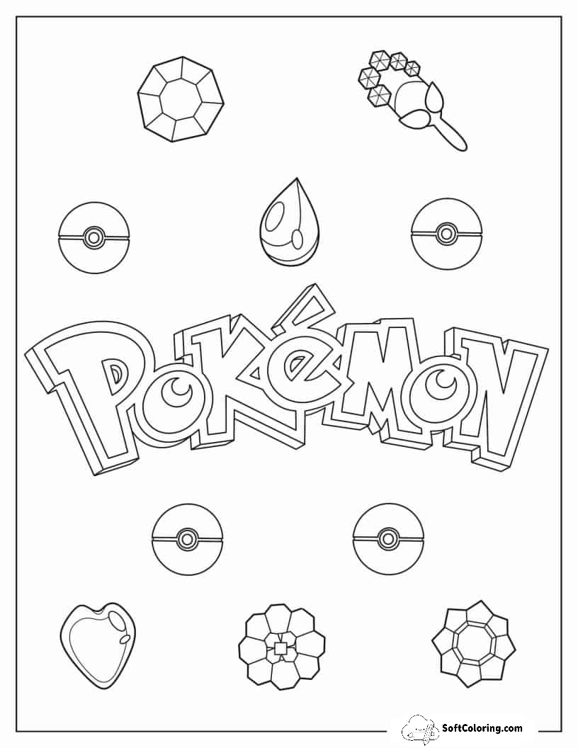 Pokemon Logo With Badges Coloring Sheet