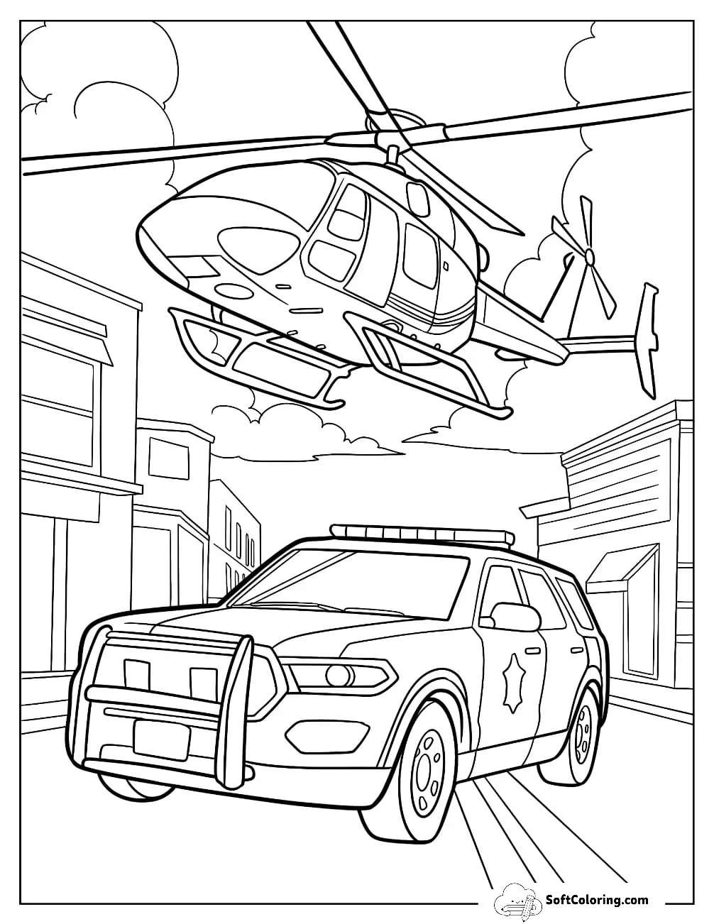Police Car Coloring Page And Helicopter In The City