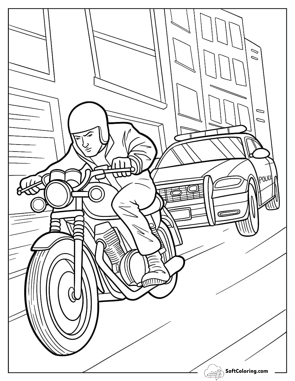 Police Car Coloring Page Chasing A Criminal On A Motorcycle