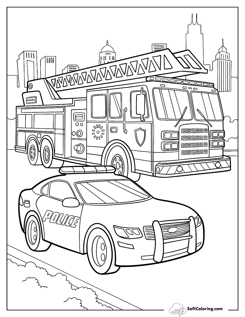 Police Car Parked Beside A Massive Fire Truck