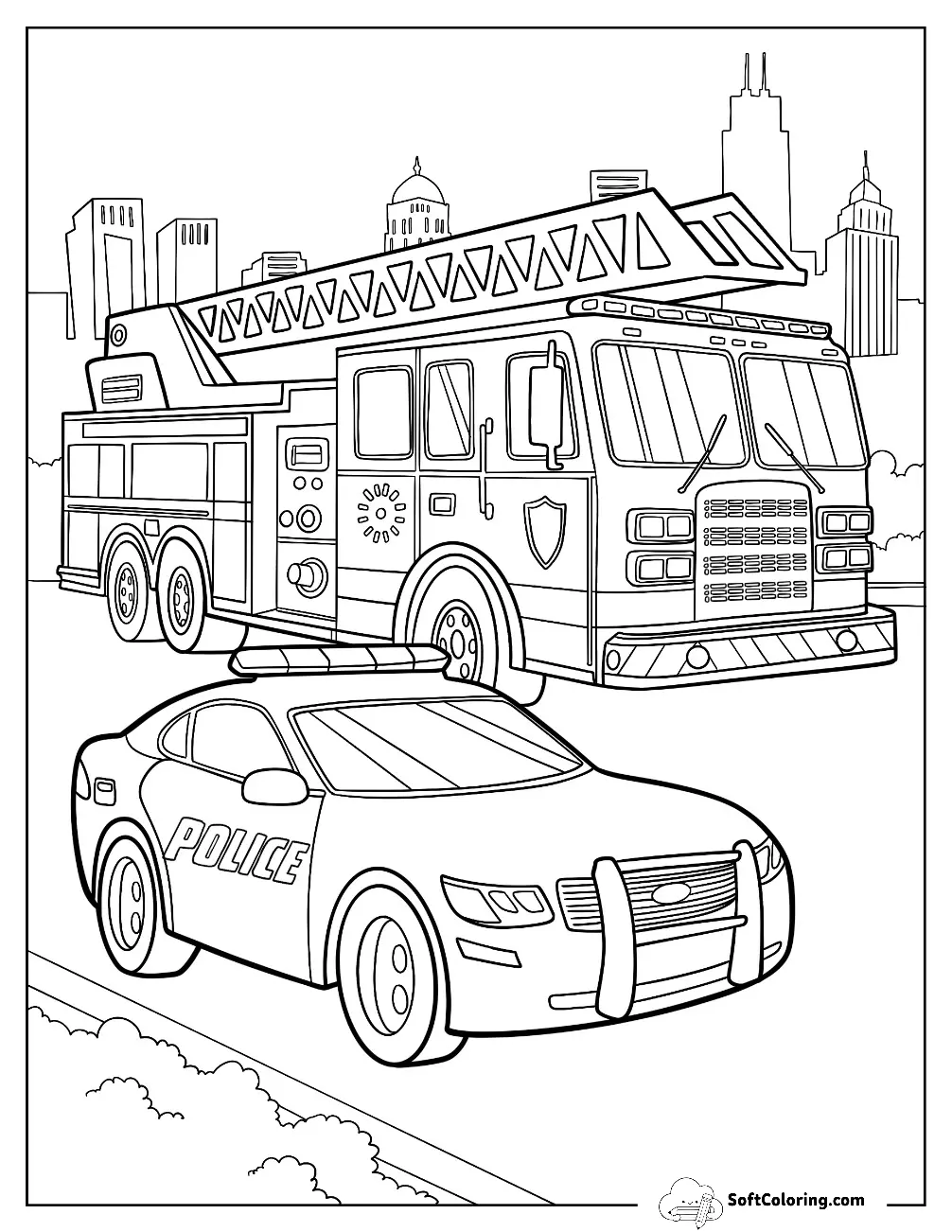 Police Car Parked Beside A Massive Fire Truck
