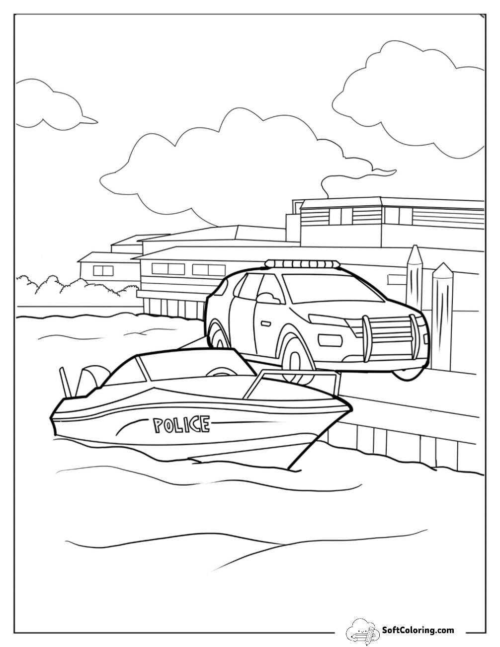 Police Car Coloring Page Parked On A Port Beside A Police Boat