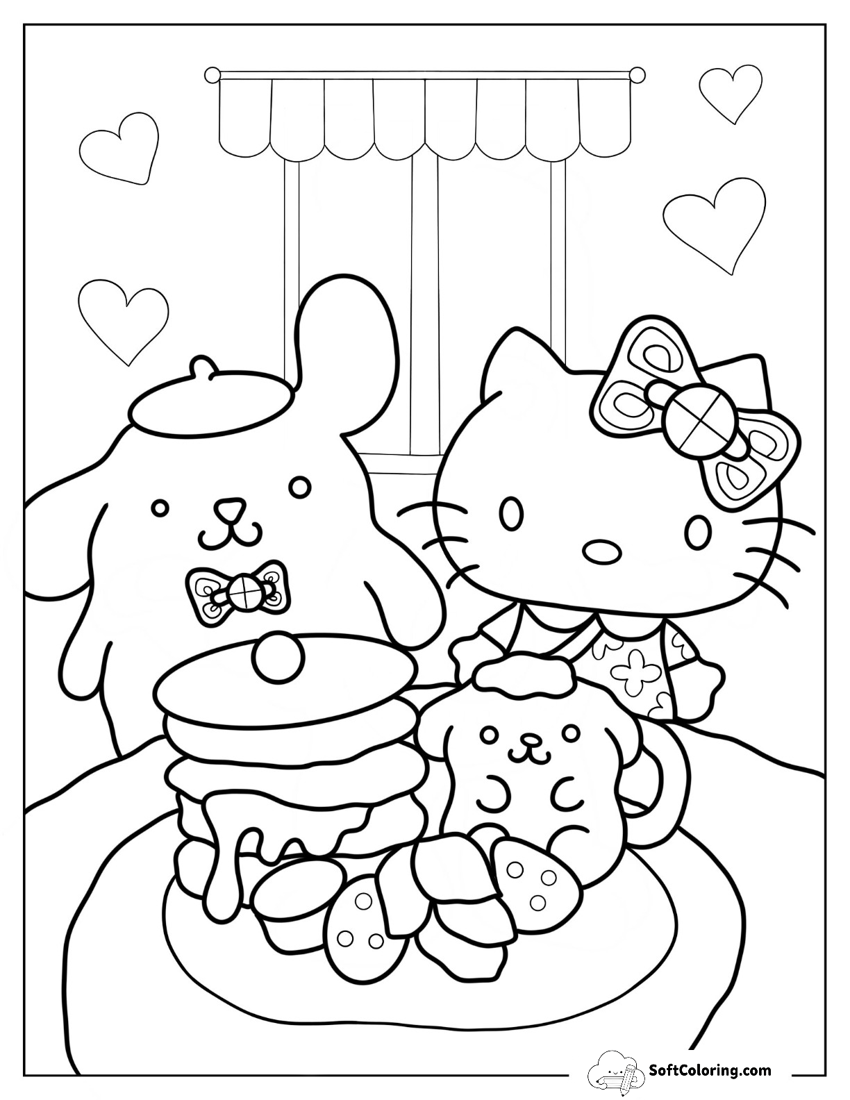 Pompompurin Eating Cake With Hello Kitty Coloring Sheet